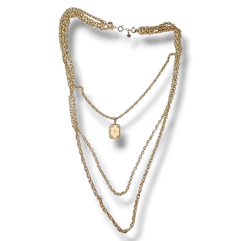 Vintage CCI Gold Tone Convertible 3 Strand Layered Necklace CZ Pendant 18-30"